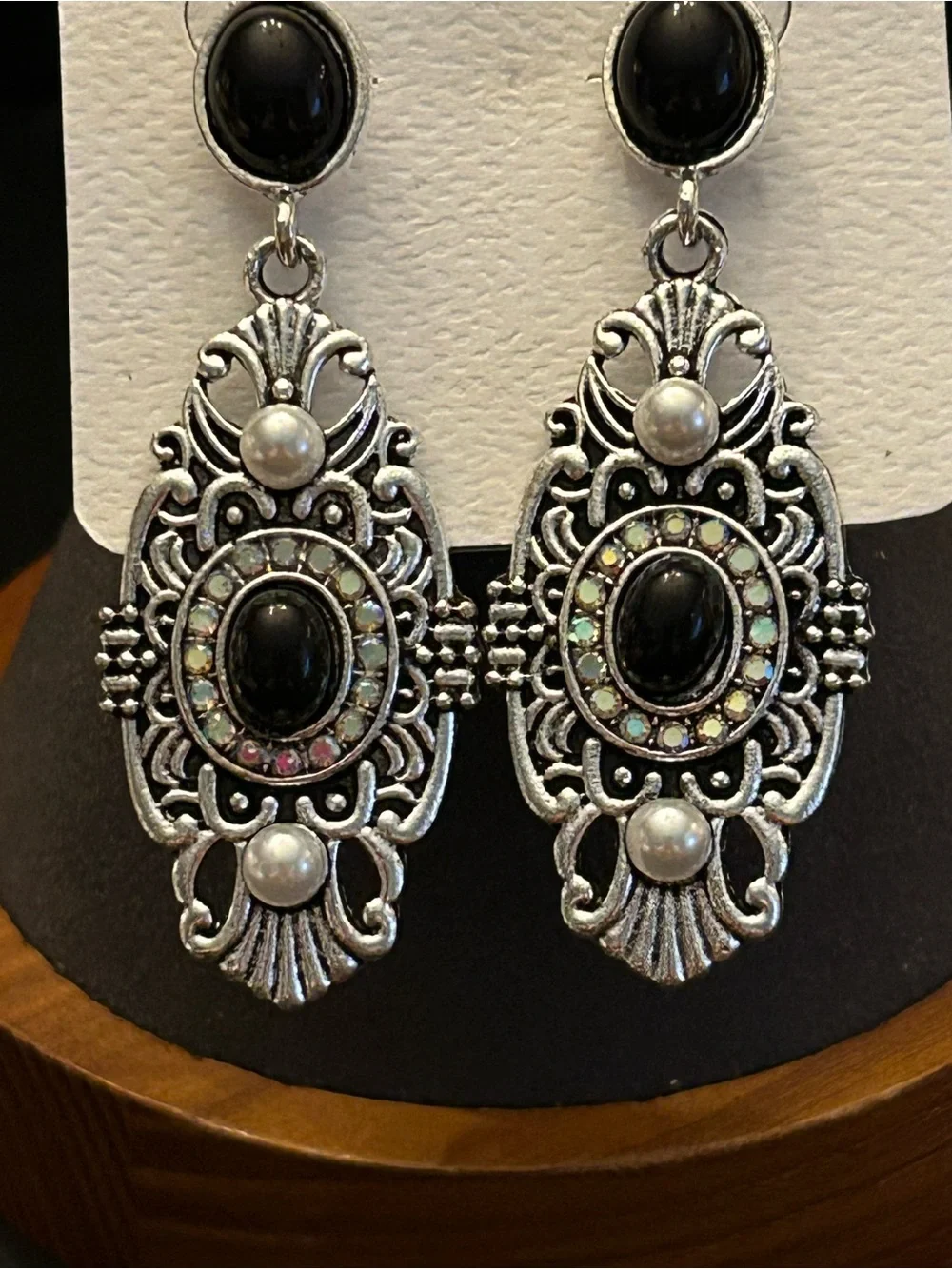 Ornate Black Onyx Faux Stone Filigree Metallic Drop Earrings with Pearl Accents